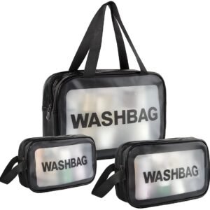 Clear Toiletry Bag, Wash Make Up Bag PVC Waterproof Zippered Cosmetic Bag, Portable Carry Pouch for Women Men (Set of 3 Bag Black)