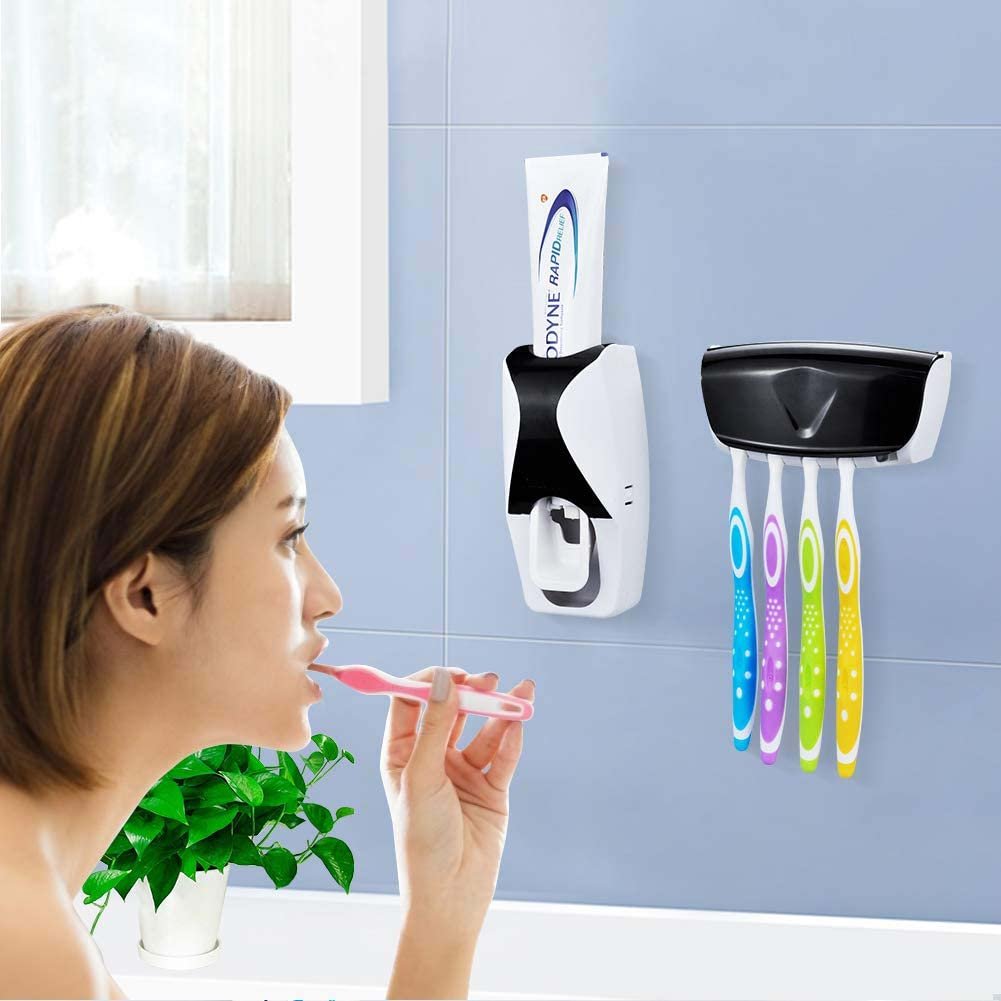 Toothbrush Holder with Cover Automatic Toothpaste Dispenser Set Dustproof with 3M Sticky Suction Pad Wall Mounted Kids Hands Toothpaste Squeezer for Washroom (Color May Vary, Plastic)